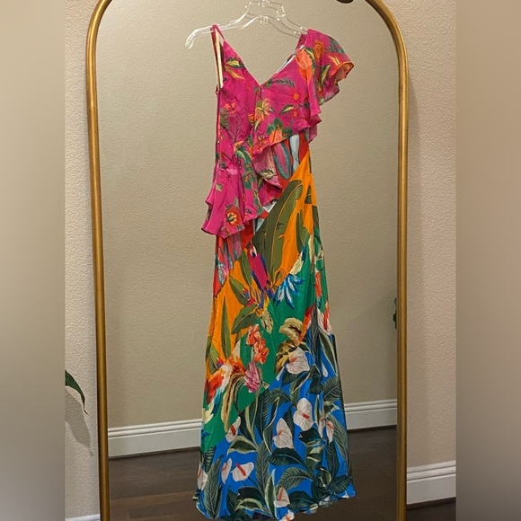 FARM Rio Mixed Flowery Ruffle One Shoulder Midi Dress Size M - Picture 7 of 16